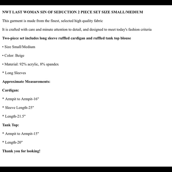 NWT Last Women 2PCS Set Cardigan + Tank Top Sz S/M - Picture 7 of 7